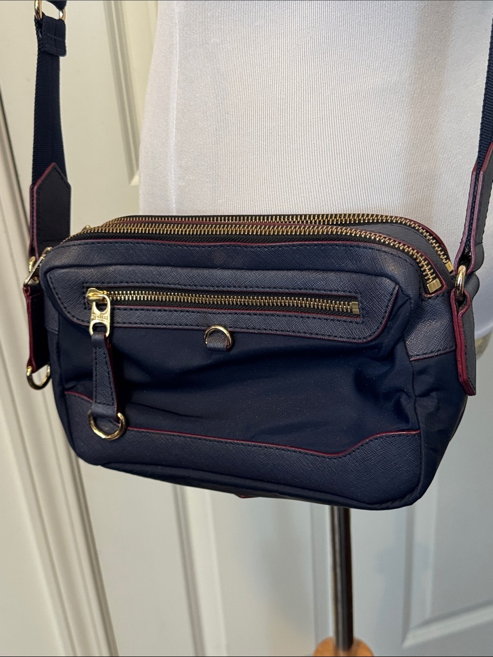 MZ Wallace Navy Crossbody Bag with Gold Hardware & Red Lining